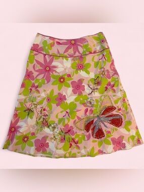 Persaman New York Pink and Green Floral A-Line Skirt with Butterfly Detail